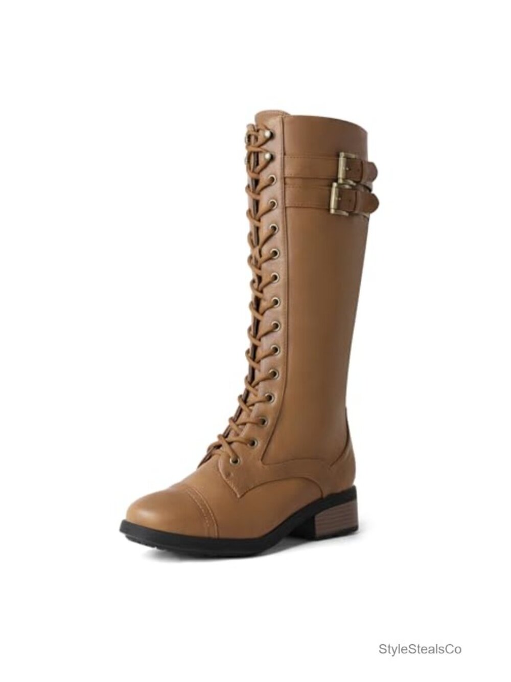 Knee High Riding Combat Boots Faux Leather Faux Fur Lined Block Heel
